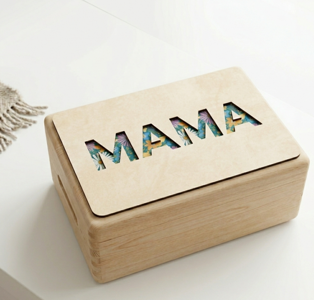 Cutie Amintiri Personalizată din Lemn – Flori de Câmp & Design Minimalist – Cadou Mama, Copil, Bunica