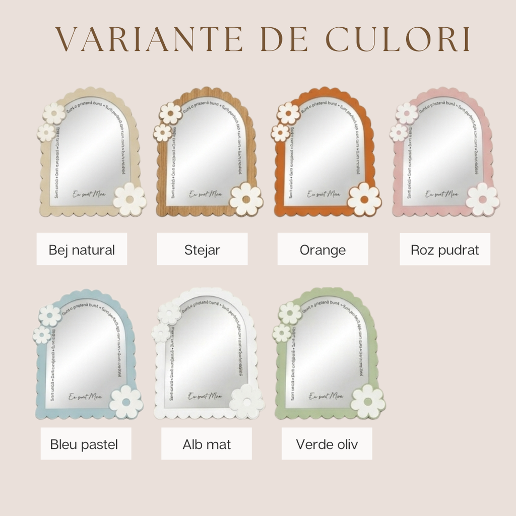 Oglindă Personalizată „Cuvinte Magice” – Cadou pentru Fetițe – Oglindă Sigură cu Flori