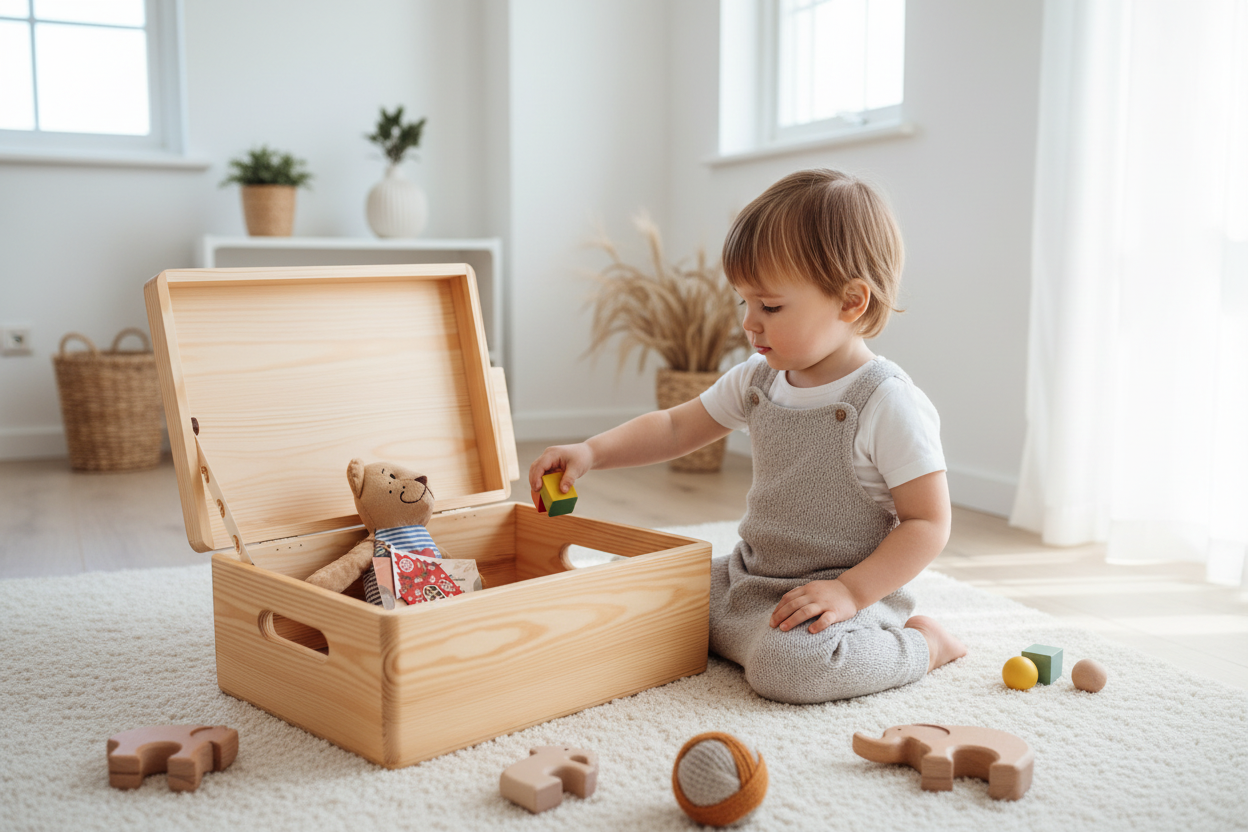 Copil jucandu-se pe langa cutia de lemn si adaugand jucarii in ea. 