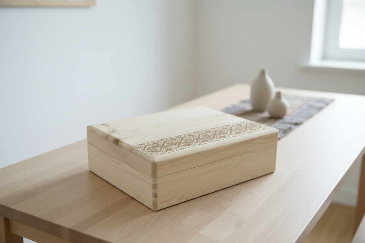 Cutie din lemn cu capac, cu gravura motive traditionale romanesti 