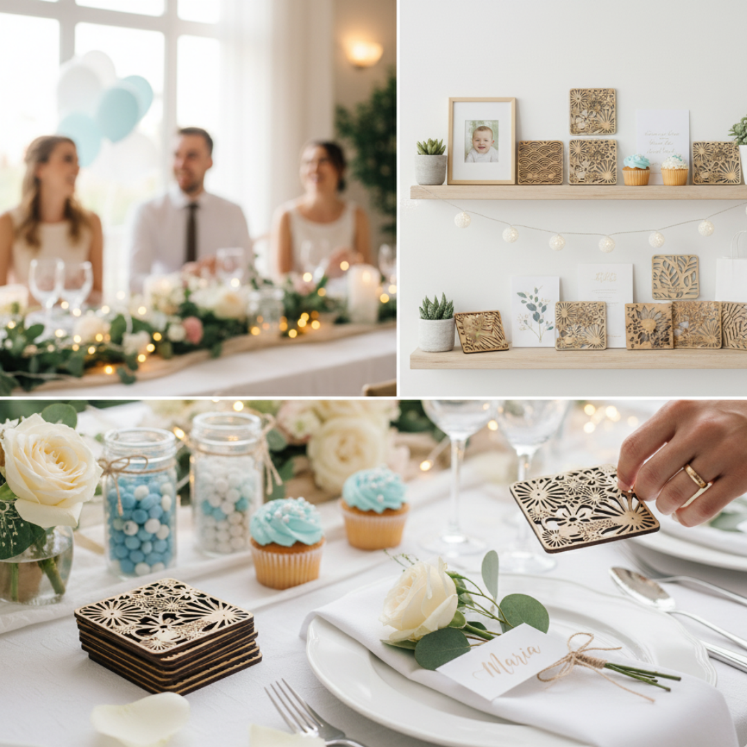 Marturii Nuntă și Botez – Coastere Personalizate din Lemn (Stil Boho/Eco-Friendly)