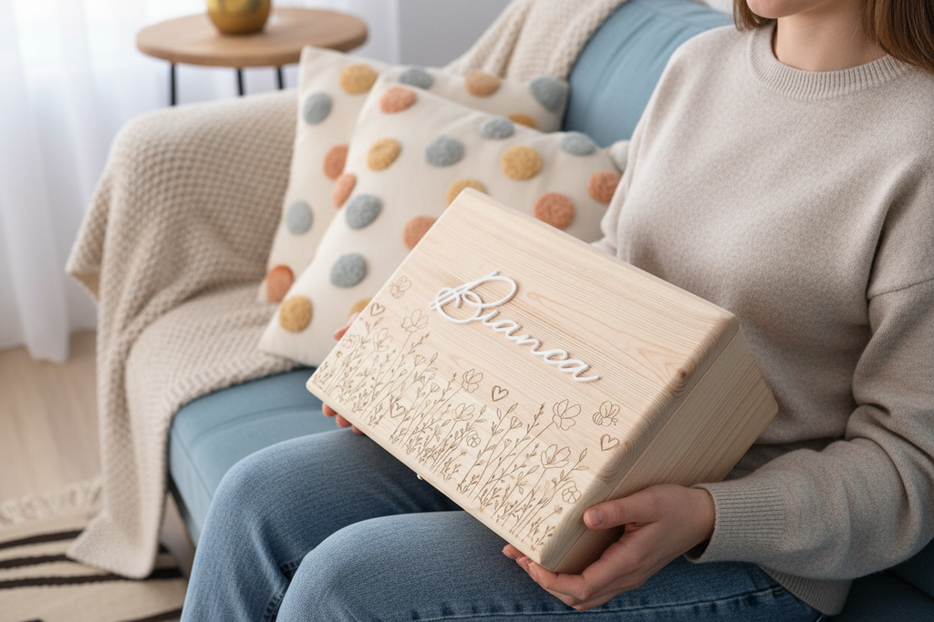 Cutie din lemn pentru amintiri bebelusi personalizata cu numele Bianca in relief si motive florale gravate