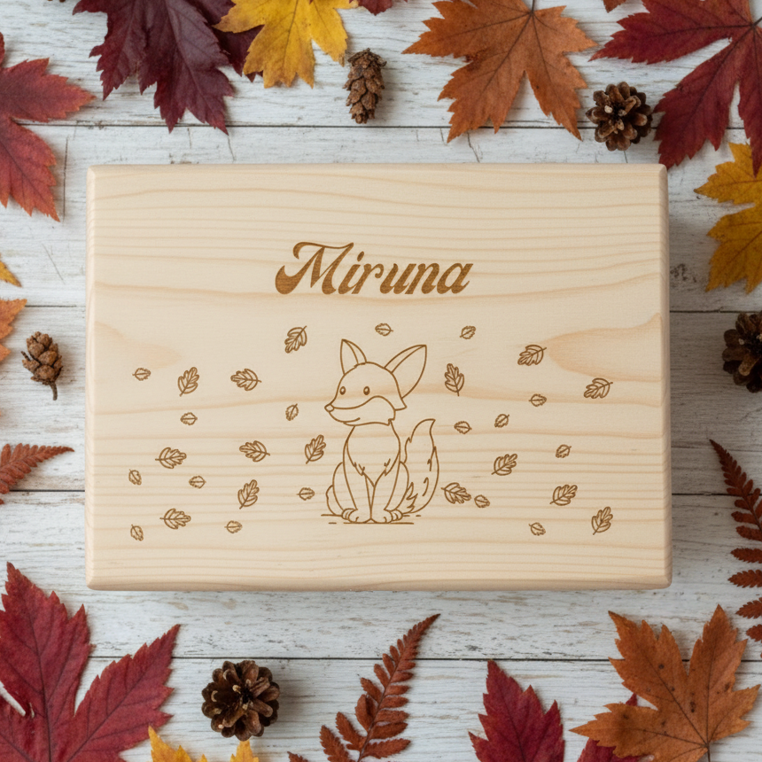 Cutie Amintiri Personalizată din Lemn - Vulpiță - Cadou Copii, Bebeluși și Mame
