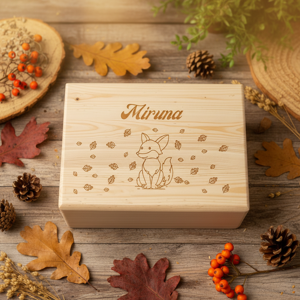 Cutie Amintiri Personalizată din Lemn - Vulpiță - Cadou Copii, Bebeluși și Mame