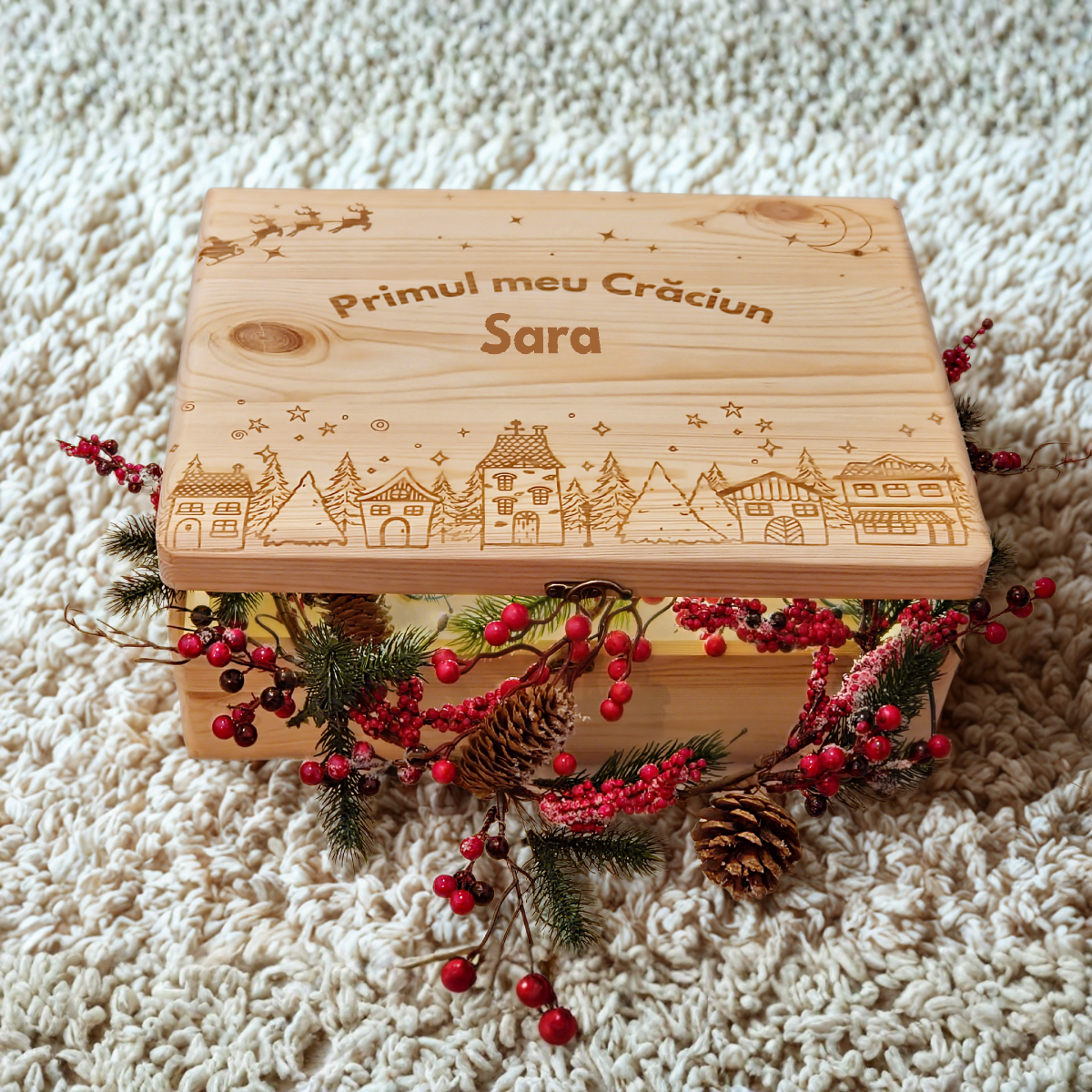 Cutie din lemn pentru amintiri model Craciun, personalizată cu numele copilului, bebelus, cadou botez, Craciun sau aniversare.