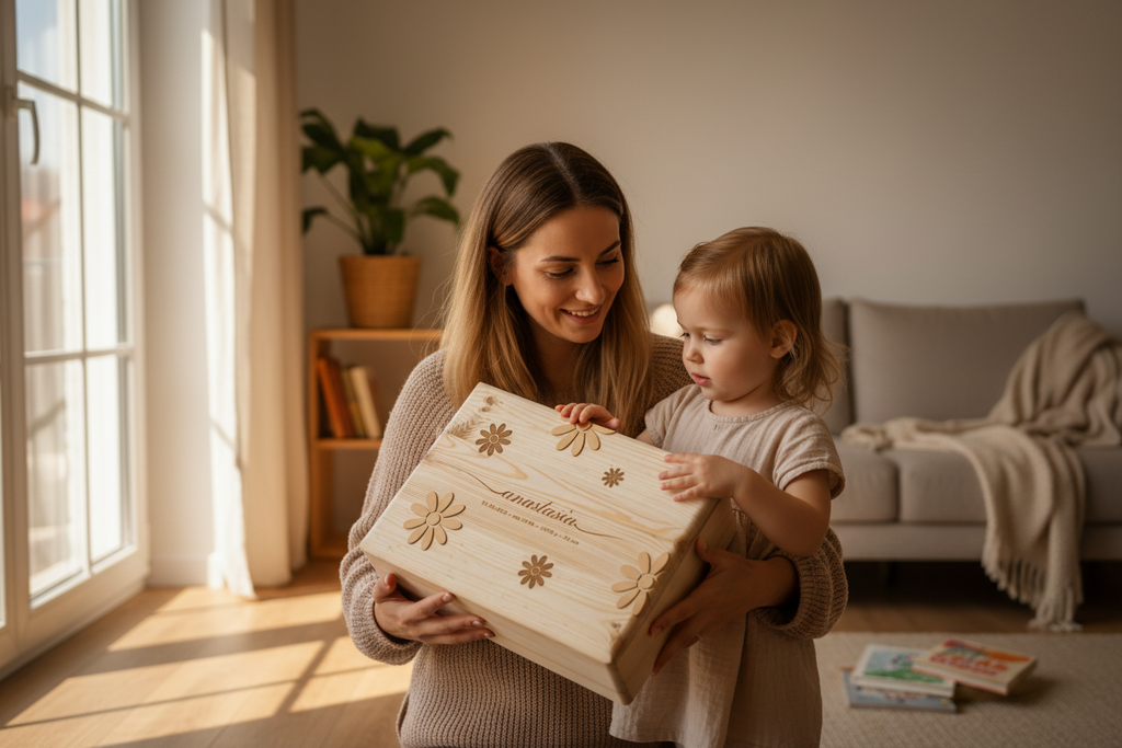 Cutie din lemn pentru amintiri bebelusi personalizata pentru fetite cu margarete gravate si detalii nastere: data, ora, greutate si lungime