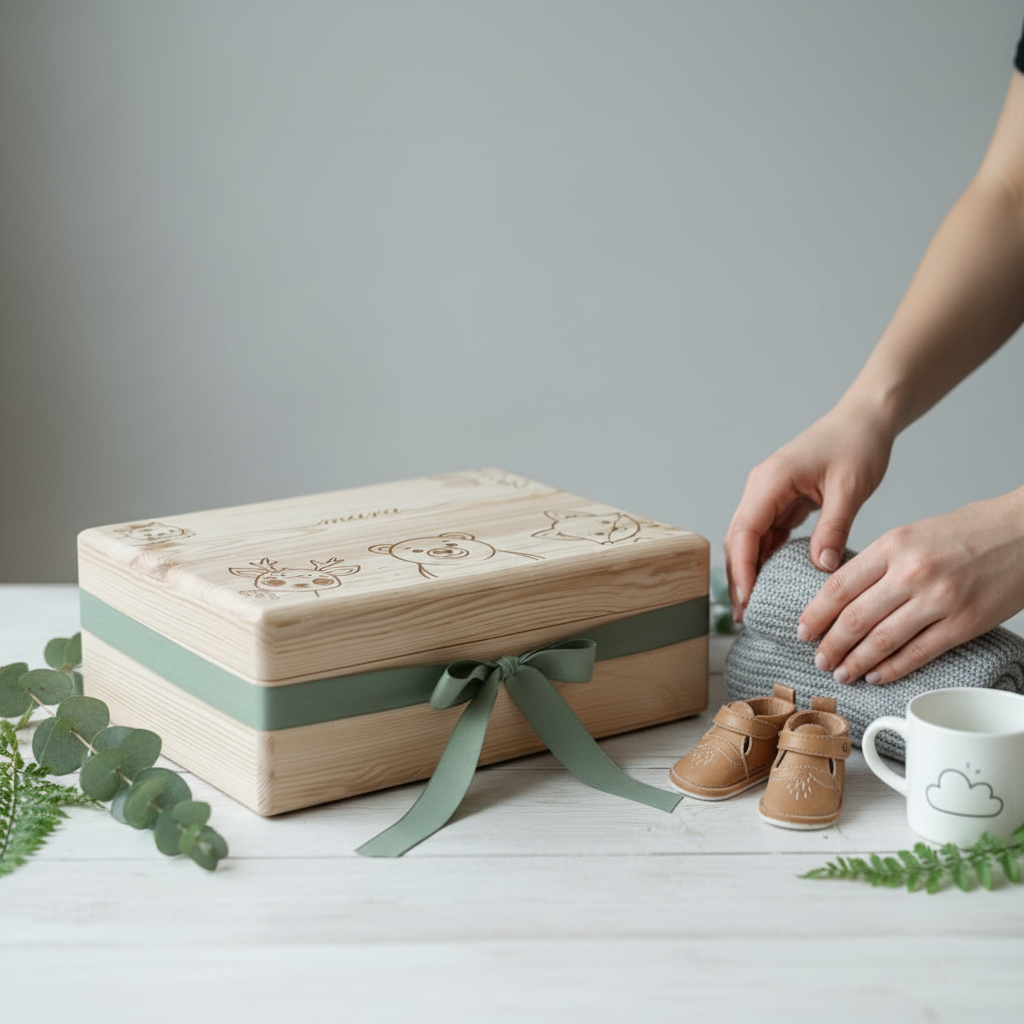 Cutie din lemn cadou botez, babyshower, aniversare, gravura animale jucause, personalizata cu numele si datele de la nastere.