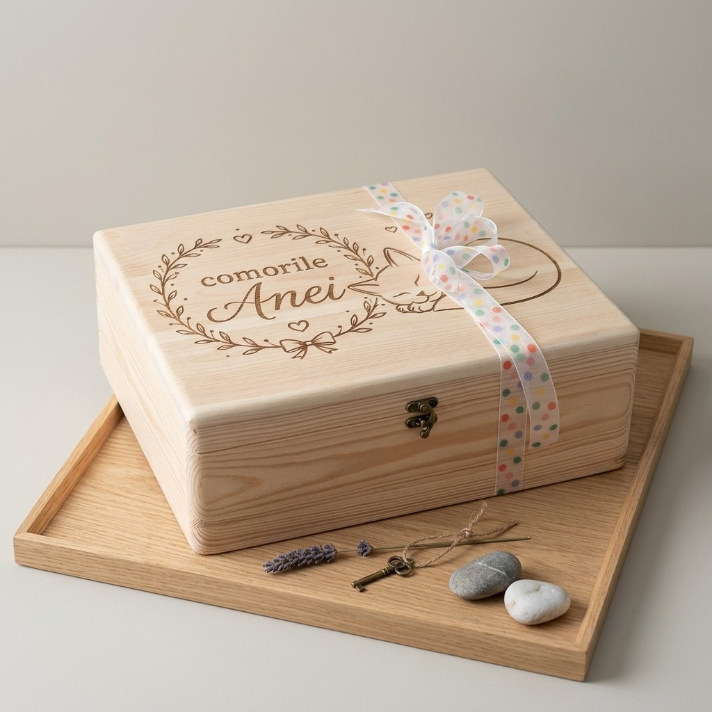 Cutie Amintiri Personalizată din Lemn - Pisicuța somnoroasă - Cadou Copii