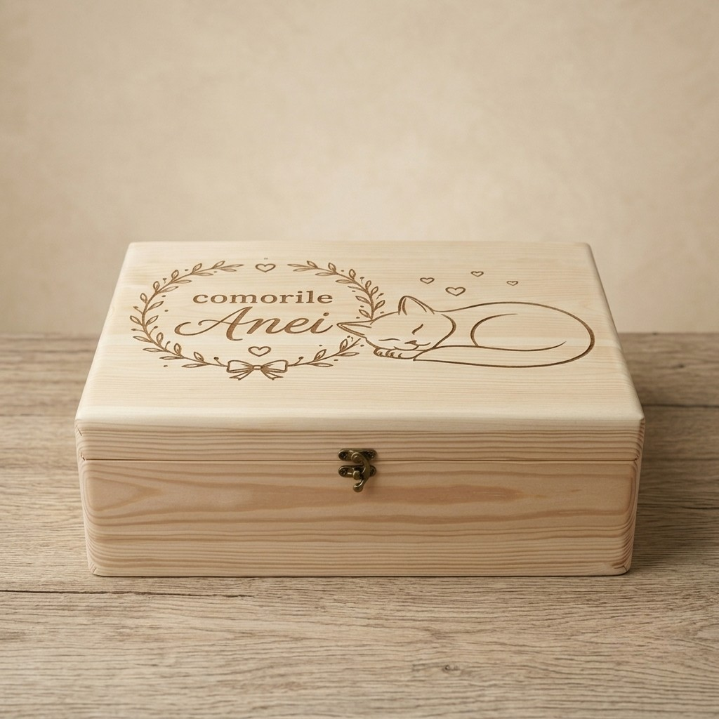 Cutie Amintiri Personalizată din Lemn - Pisicuța somnoroasă - Cadou Copii