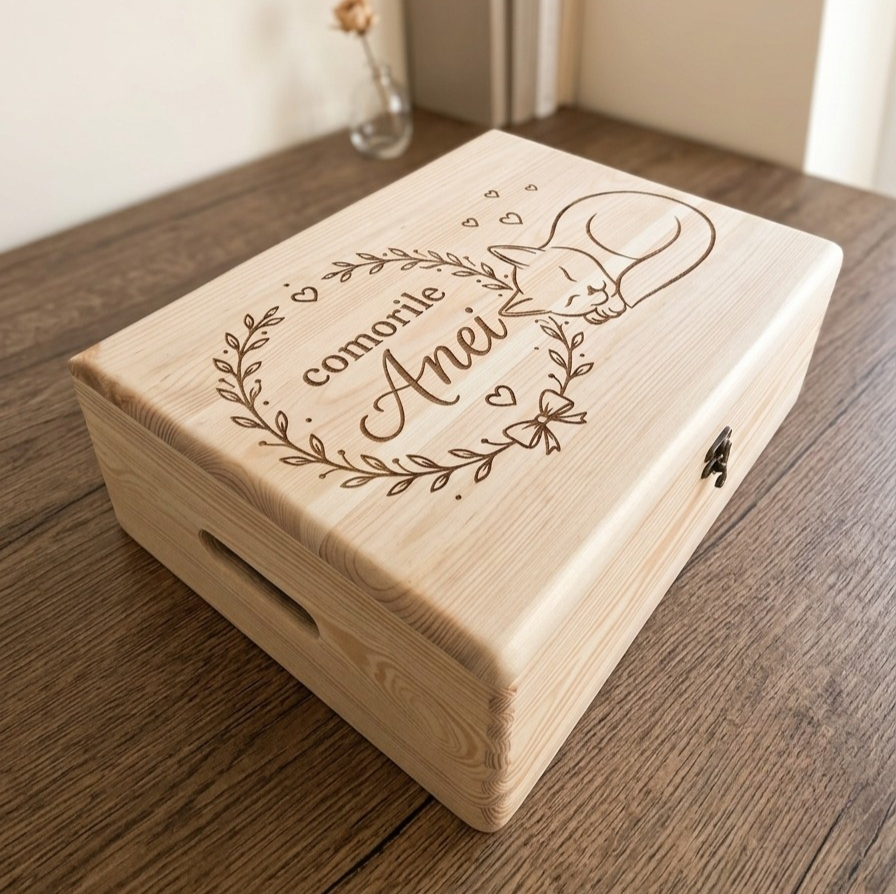 Cutie Amintiri Personalizată din Lemn - Pisicuța somnoroasă - Cadou Copii