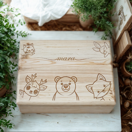 Cutie din lemn pentru amintiri bebelusi personalizata pentru Mara, cu gravura grafica continand un urs, o vulpe, o caprioara, un iepuras si o pisica.