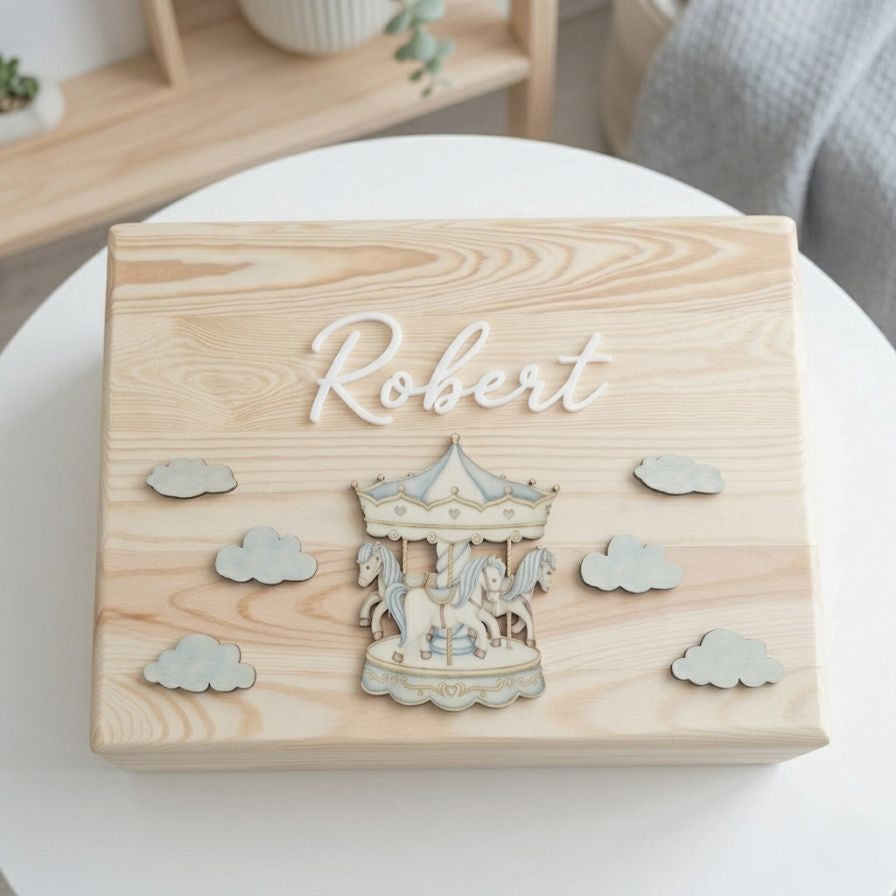 Cutie din lemn personalizata cu nume si carusel 
