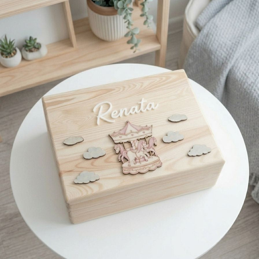 Cutie din lemn personalizata cu nume si carusel, pentru copii si bebelusi