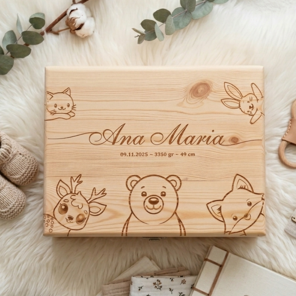 Cutie din lemn pentru amintiri copii, numele si datele nasterii. 