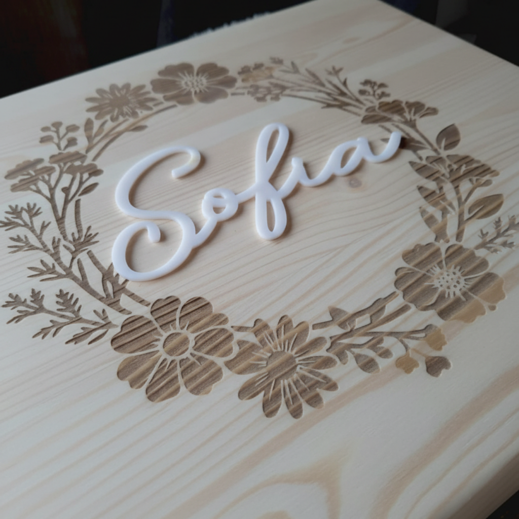 Cutie din lemn cu gravura flori, nume personalizat, cadou botez, zi de nastere fetite 