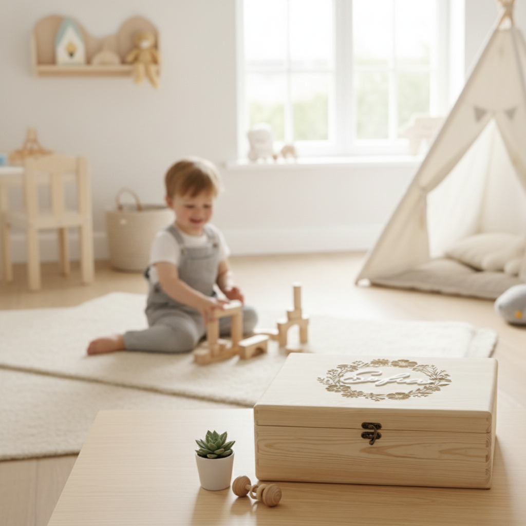 Cutie cadou din lemn personalizata cu nume si gravura flori, cadou aniversare 