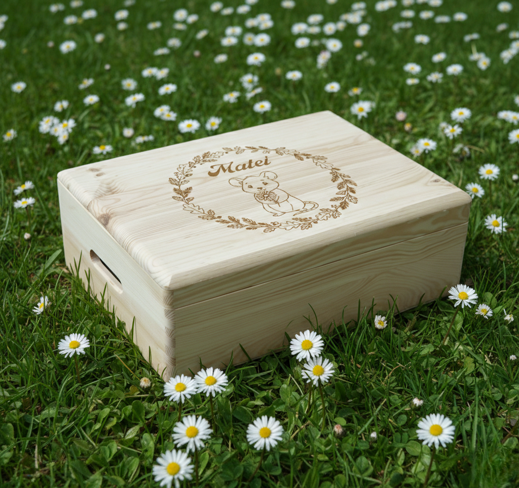 Cutie din lemn cu capac personalizata cu gravura soricel si nume, coronita de flori si stejar, asezata pe camp cu flori 