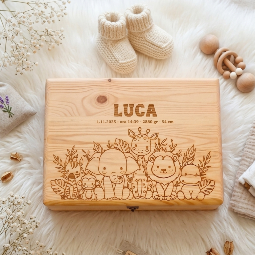Cutie din lemn cu capac pentru amintiri copii, personalizata cu nume si datele nasterii. 
