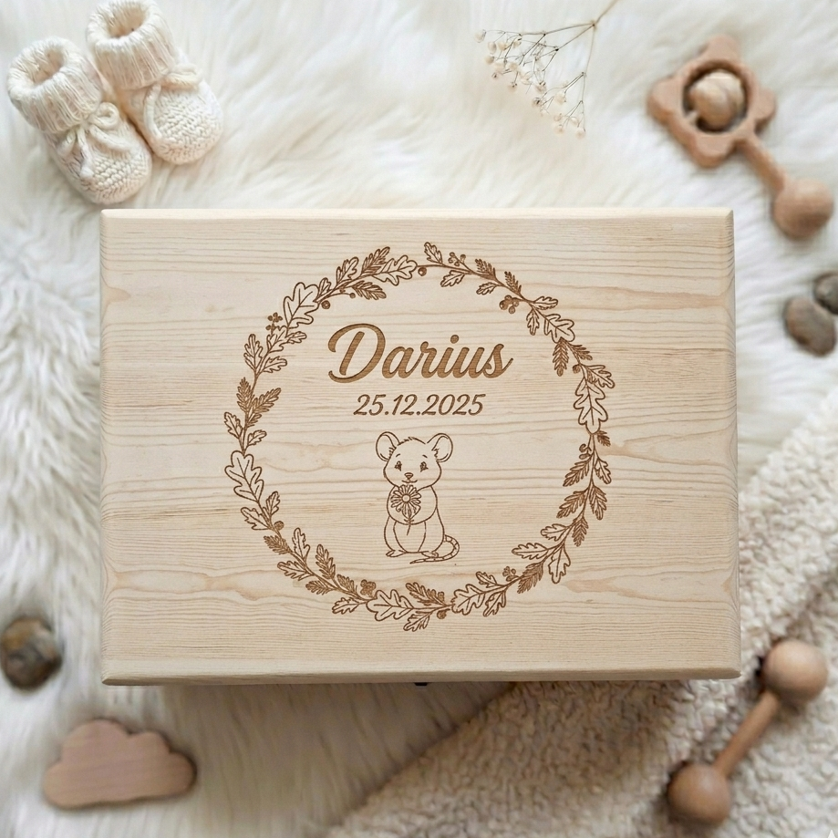 Cutie din lemn cu personalizare prin gravura cu nume si data nasterii 