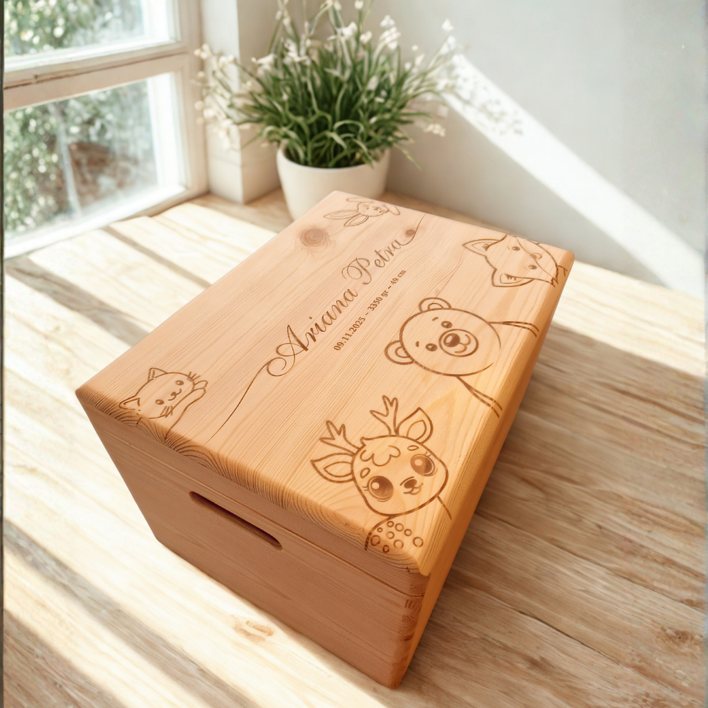 Cutie pentru pastrarea amintirilor, din lemn, cu capac si personalizata cu gravura animale jucause, pisica, vulpe, urs. Dimensiuni variante si incapatoare. 
