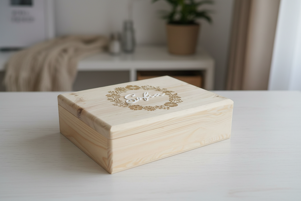 Cutie din lemn gravata cu o coronita cu flori si personalizata cu nume 3d