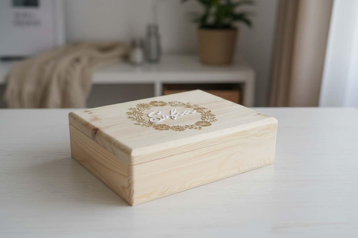 Cutie din lemn gravata cu o coronita cu flori si personalizata cu nume 3d