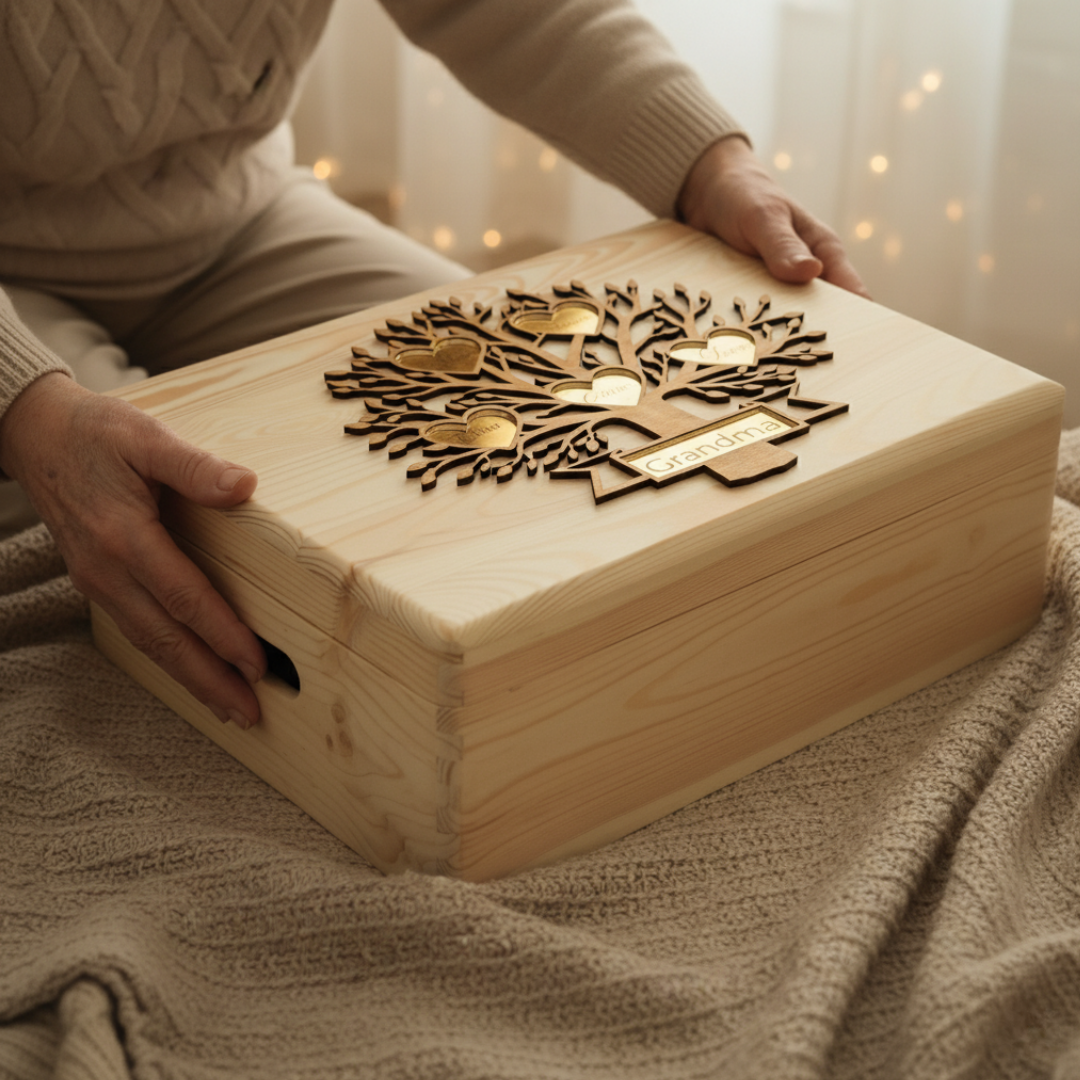 Cutie de Amintiri Personalizată – Arborele Familiei – Cadou pentru Bunici sau Copii