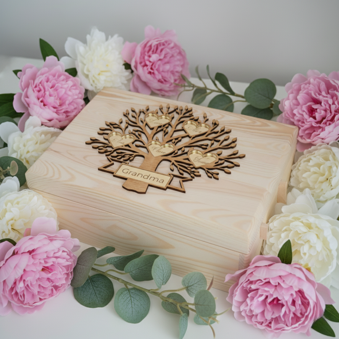 Cutie de Amintiri Personalizată – Arborele Familiei – Cadou pentru Bunici sau Copii