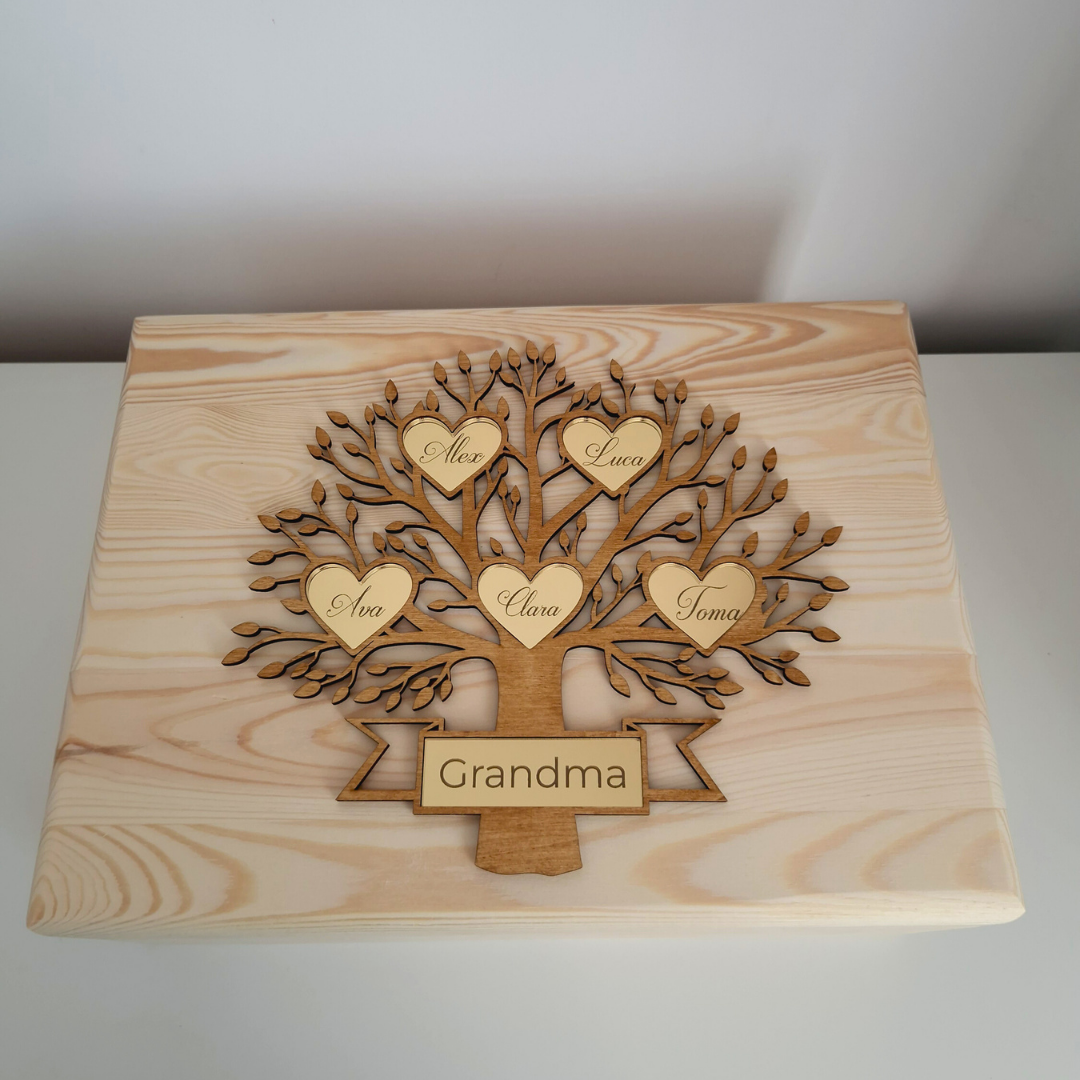 Cutie de Amintiri Personalizată – Arborele Familiei – Cadou pentru Bunici sau Copii