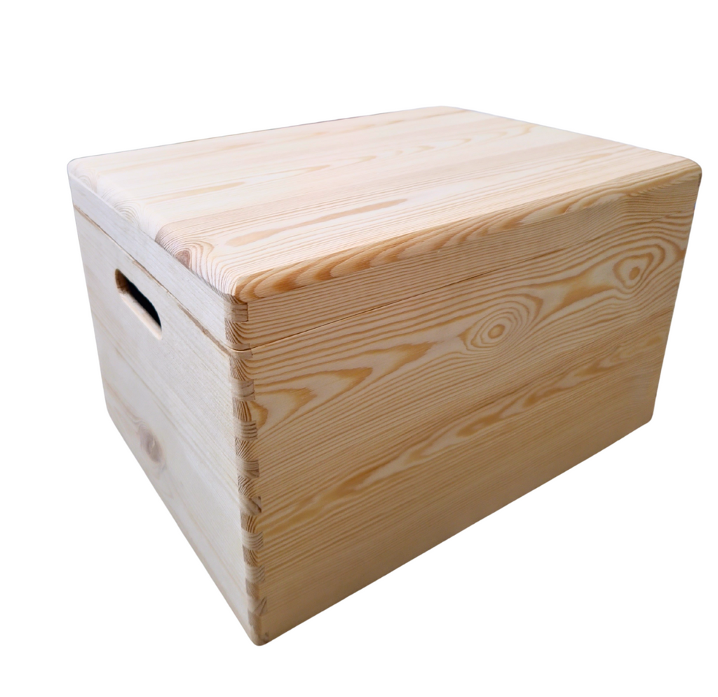 Cutie din lemn de pin de dimensiuni incapatoare, nelacuit, nefinisat, cu balamale si capac