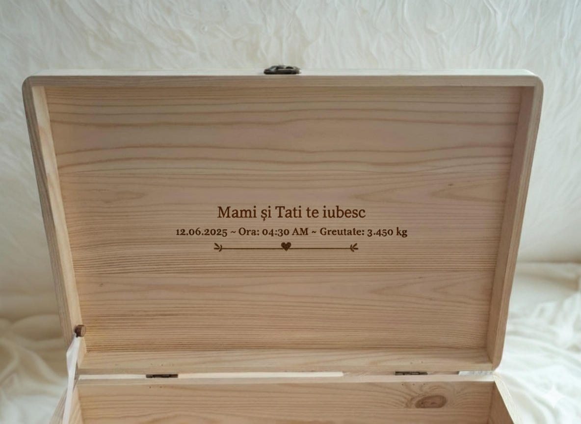 Mesaj emotional gravat pe interiorul capacului unei cutii din lemn pentru amintiri bebelusi, continand data nasterii, ora si greutatea