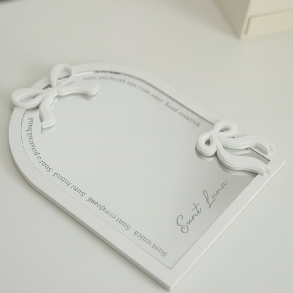 Oglindă Personalizată „Cuvinte Magice” – Model cu Fundițe – Cadou Fetițe
