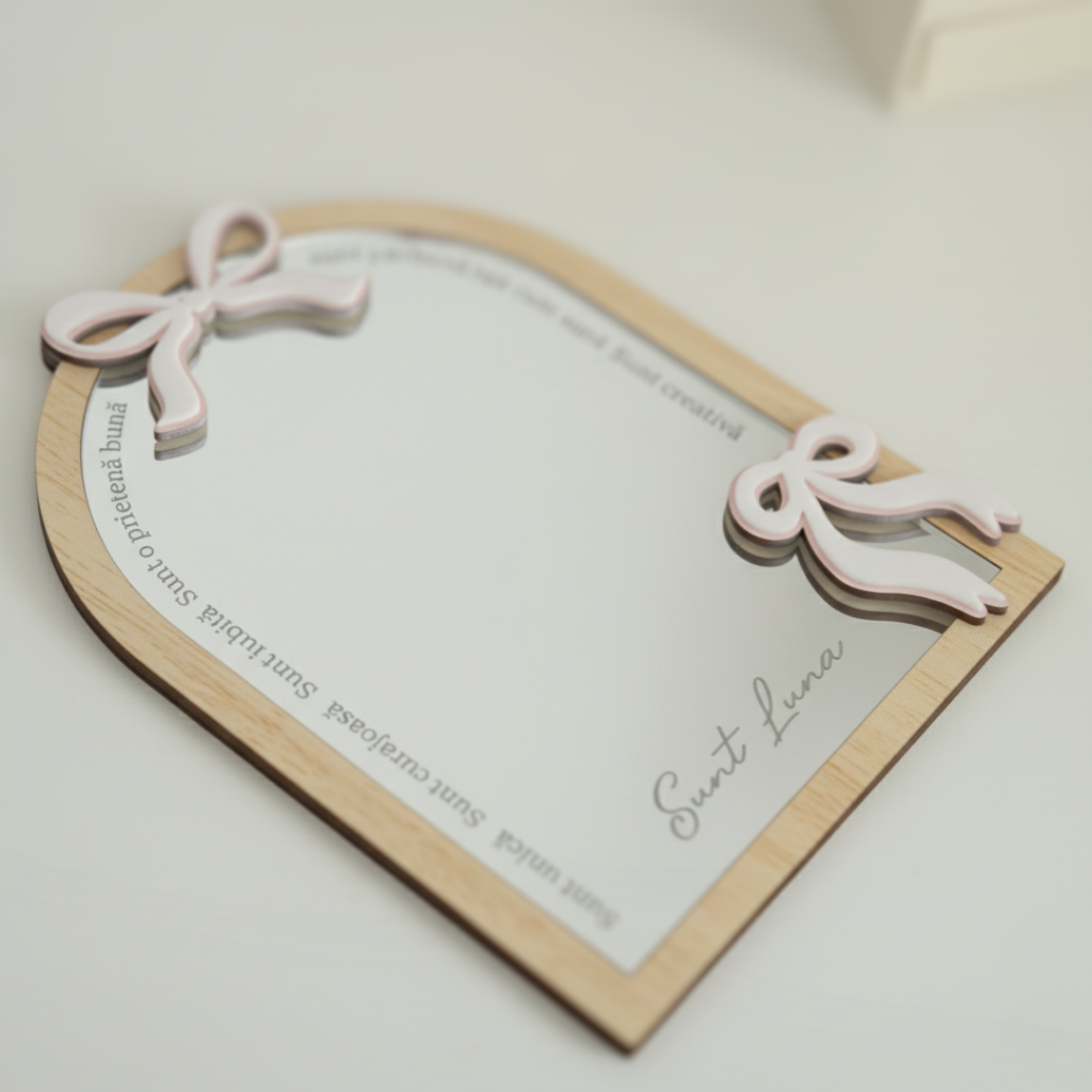 Oglindă Personalizată „Cuvinte Magice” – Model cu Fundițe – Cadou Fetițe