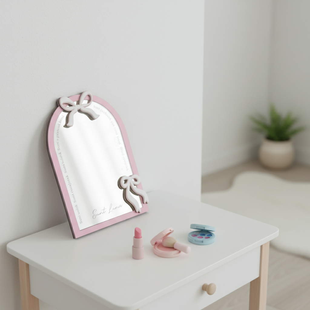 Oglindă Personalizată „Cuvinte Magice” – Model cu Fundițe – Cadou Fetițe