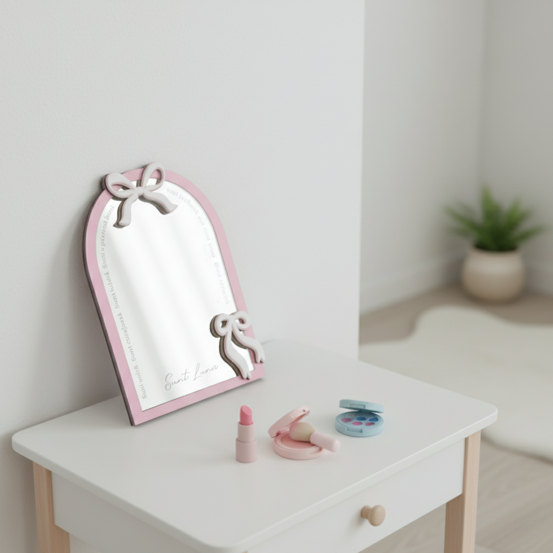 Oglindă Personalizată „Cuvinte Magice” – Model cu Fundițe – Cadou Fetițe