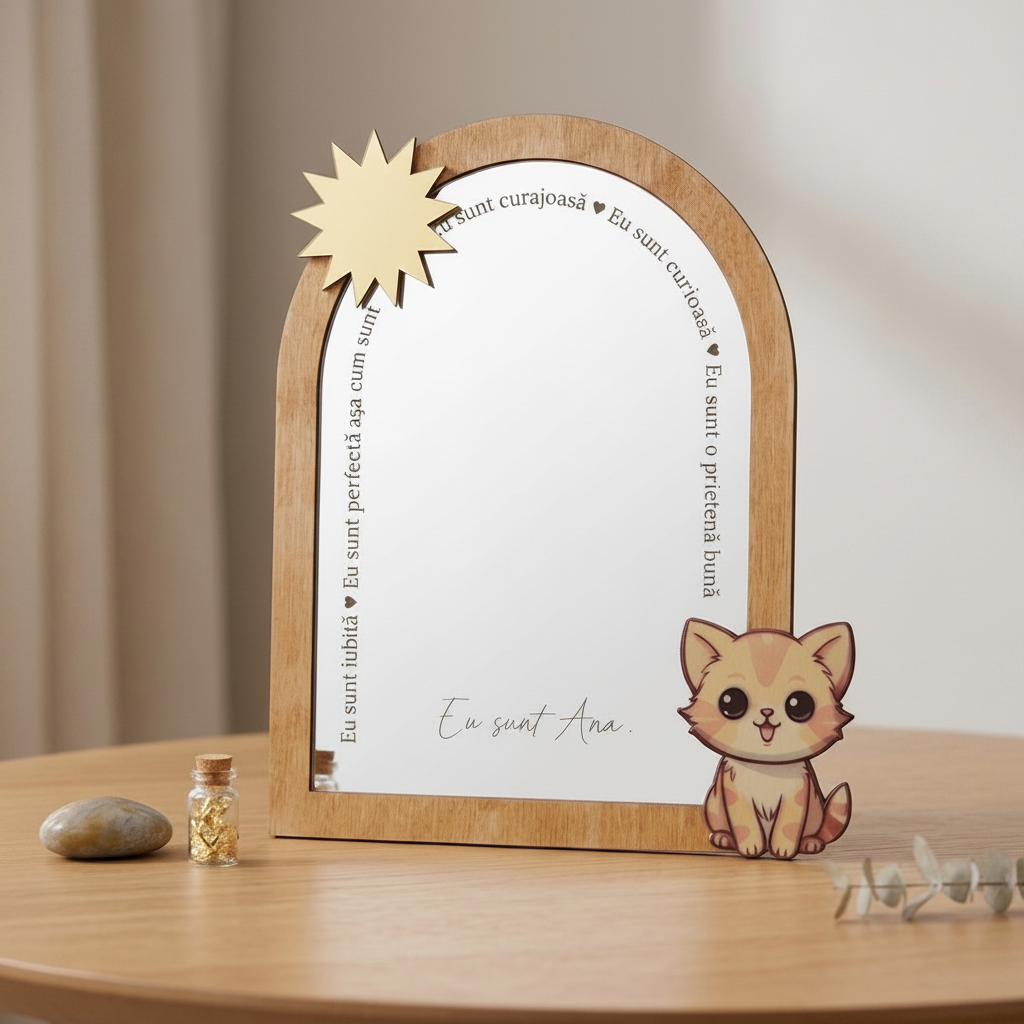 Oglindă acrilică pentru copii, personalizată cu afirmații pozitive – Model Pisicuță și Soare