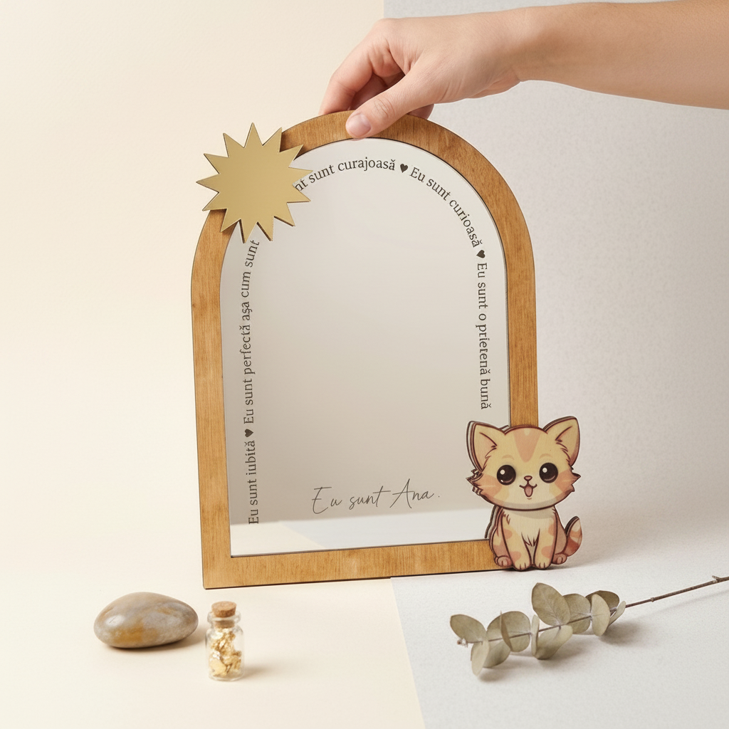 Oglindă acrilică pentru copii, personalizată cu afirmații pozitive – Model Pisicuță și Soare