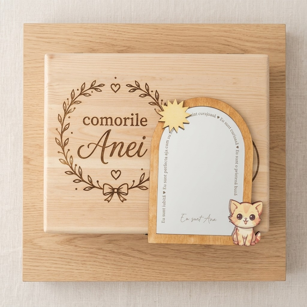 Oglindă acrilică pentru copii, personalizată cu afirmații pozitive – Model Pisicuță și Soare