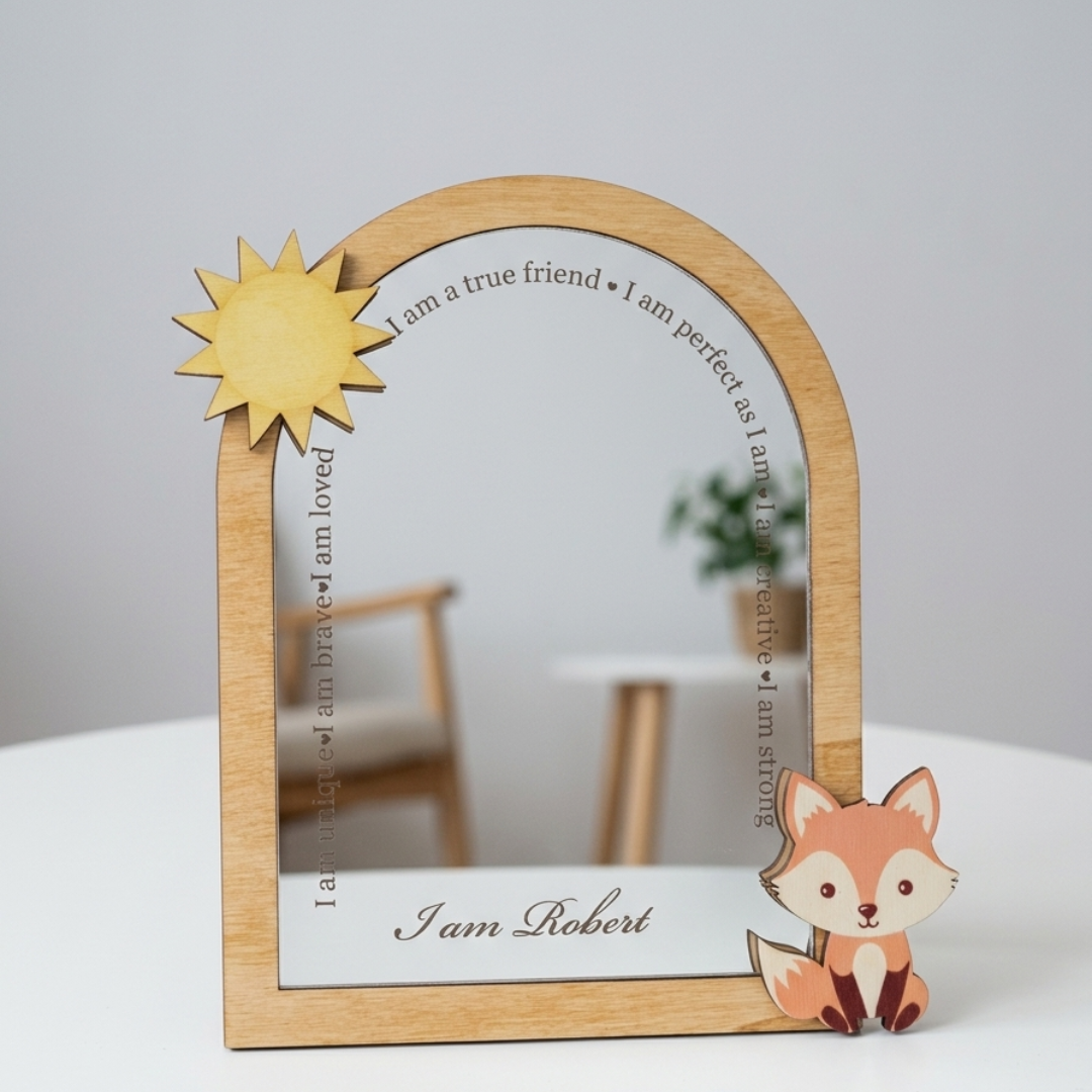 Oglindă Personalizată „Cuvinte Magice” – Cadou pentru Copii – Oglindă Sigură cu Vulpiță