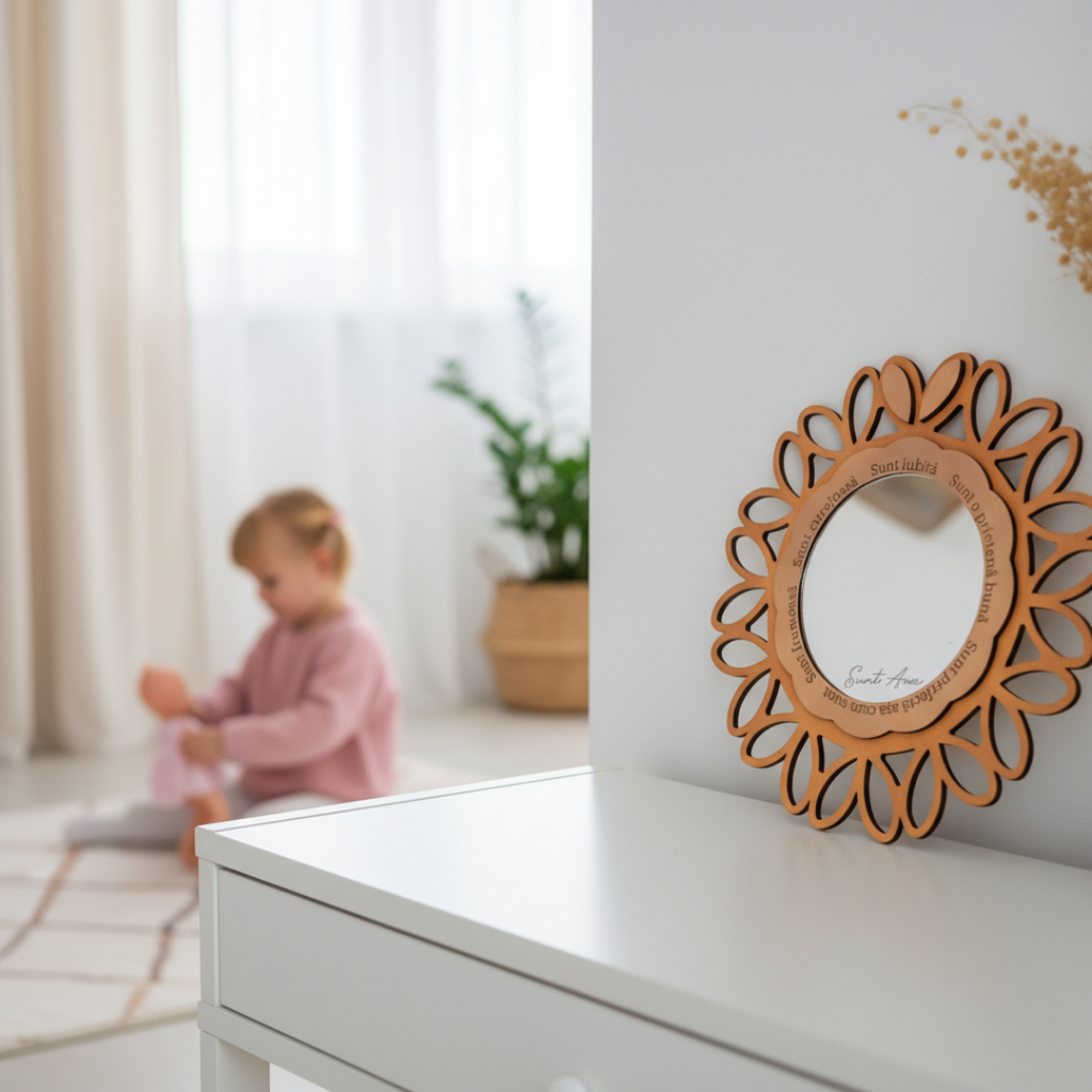 Oglindă Personalizată „Șoapte de Încredere” – Design Floral – Cadou pentru Fetițe