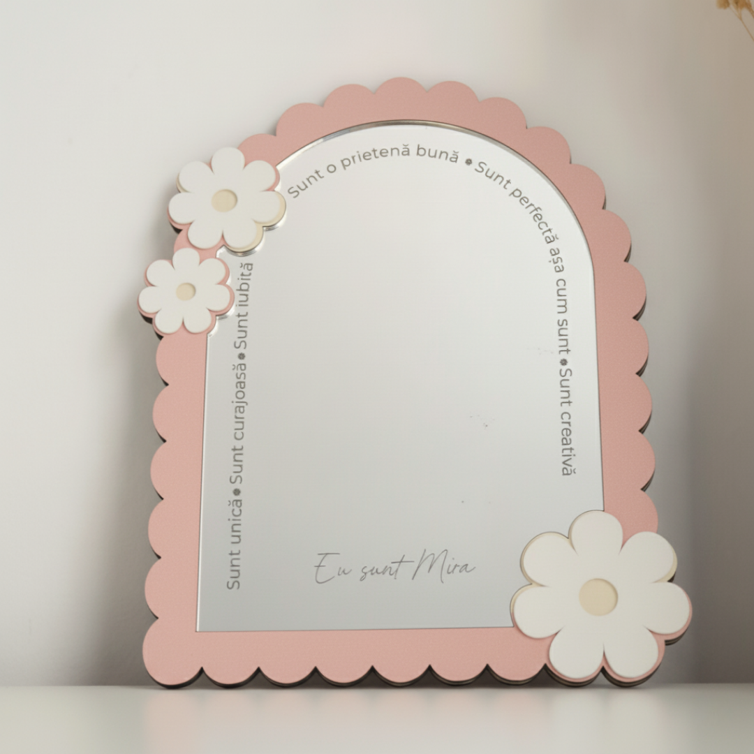 Oglindă Personalizată „Cuvinte Magice” – Cadou pentru Fetițe – Oglindă Sigură cu Flori