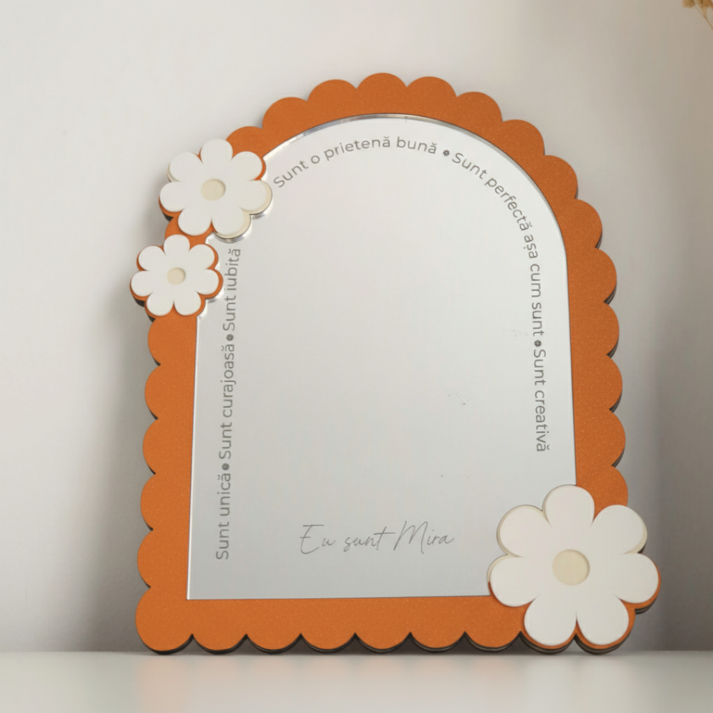 Oglindă Personalizată „Cuvinte Magice” – Cadou pentru Fetițe – Oglindă Sigură cu Flori