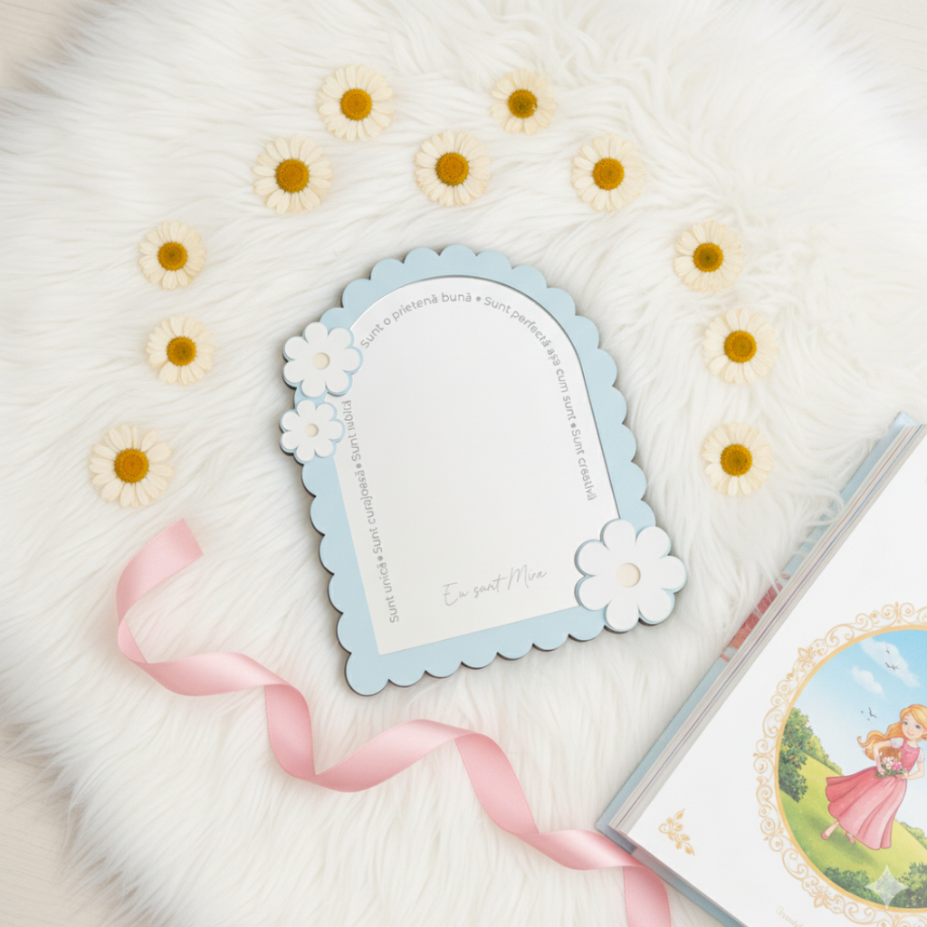 Oglindă Personalizată „Cuvinte Magice” – Cadou pentru Fetițe – Oglindă Sigură cu Flori