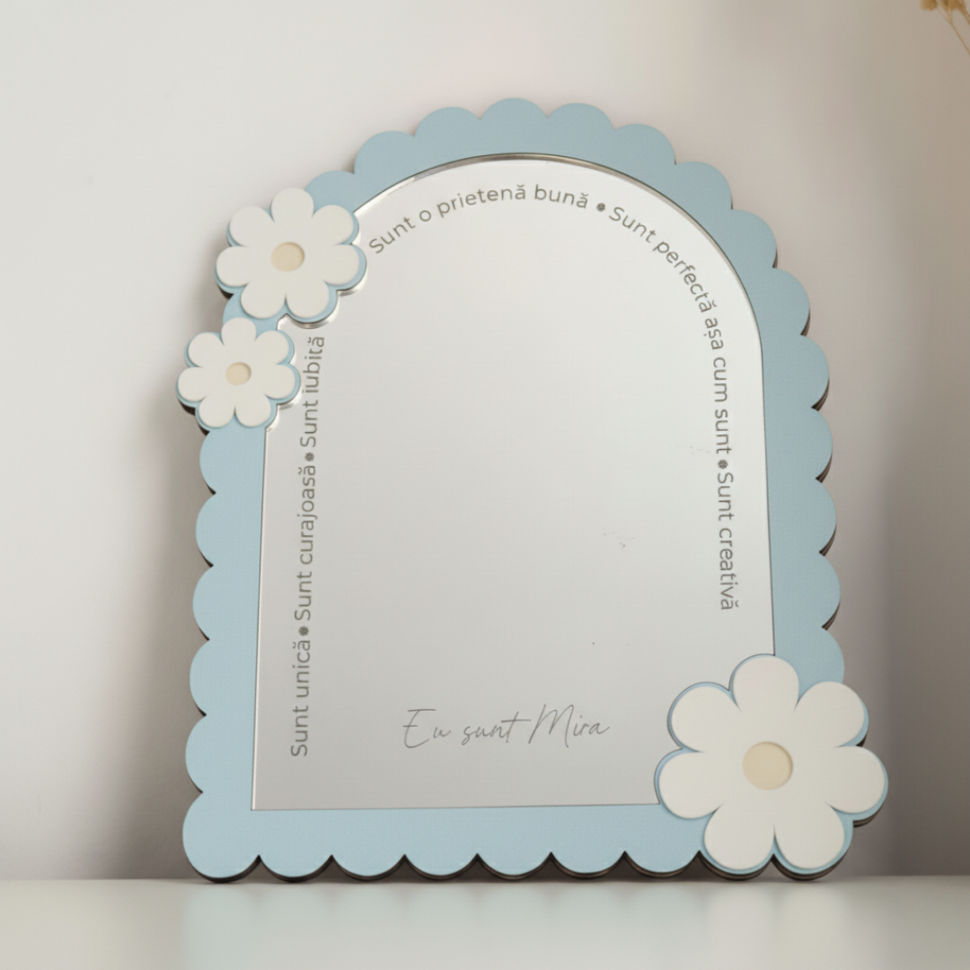 Oglindă Personalizată „Cuvinte Magice” – Cadou pentru Fetițe – Oglindă Sigură cu Flori