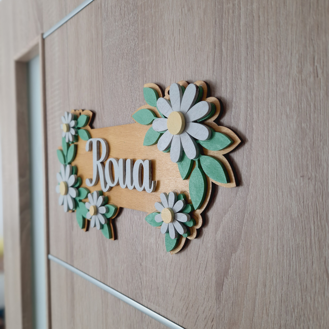 Semn Personalizat Nume Copil – Cadou Botez, Nou-Născut sau Aniversare (Model Flori)
