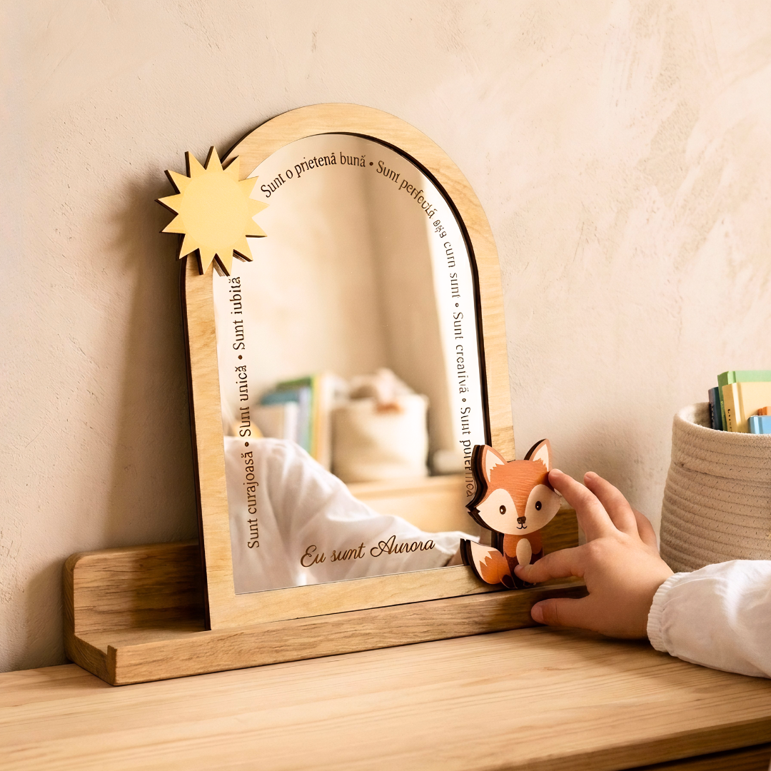Oglindă Personalizată „Cuvinte Magice” – Cadou pentru Copii – Oglindă Sigură cu Vulpiță