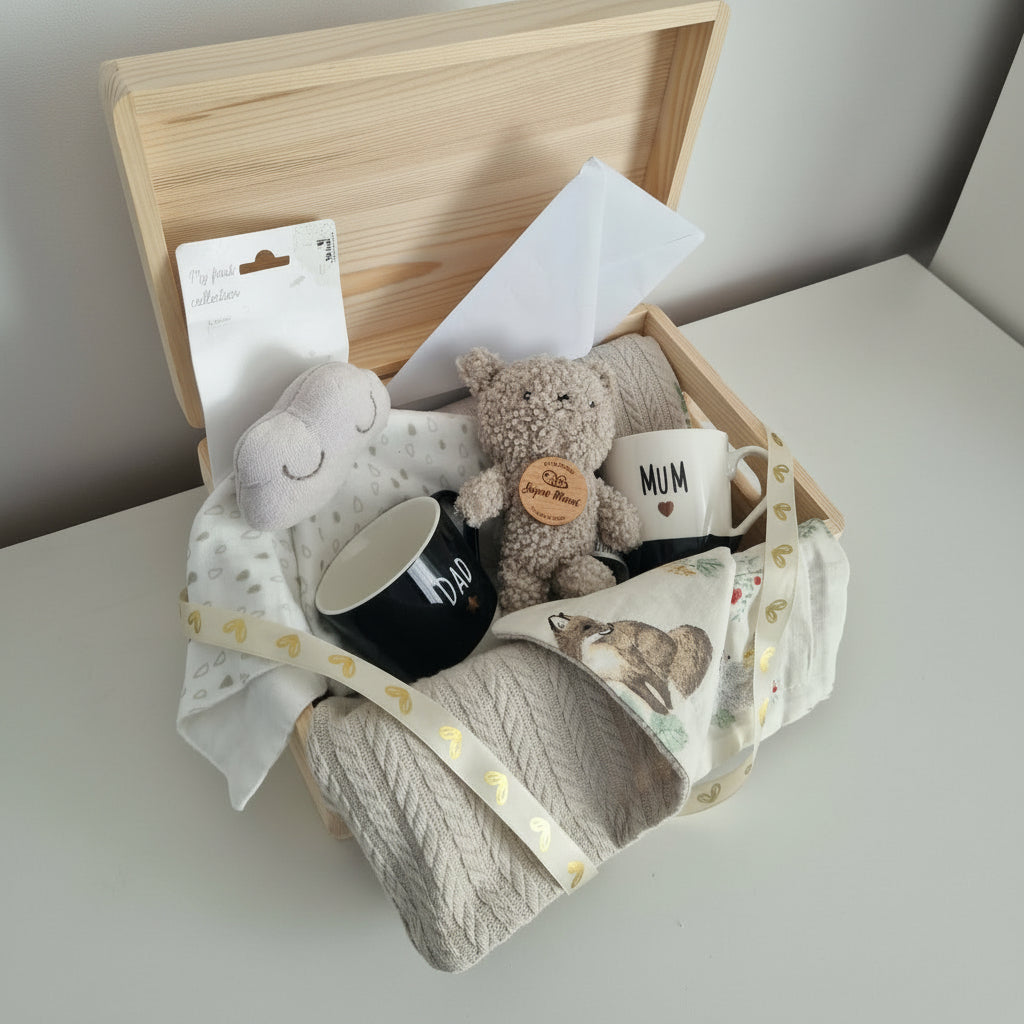 Cadou complet nou-născut și părinți – Păturică bumbac tricotat cu vulpițe